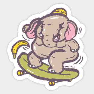 Asian elephant playing surf skate with banana Sticker